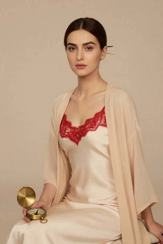 Fictional 29-year-old woman in a cream silk slip dress holding an open brass pocket compass at HuarenNav